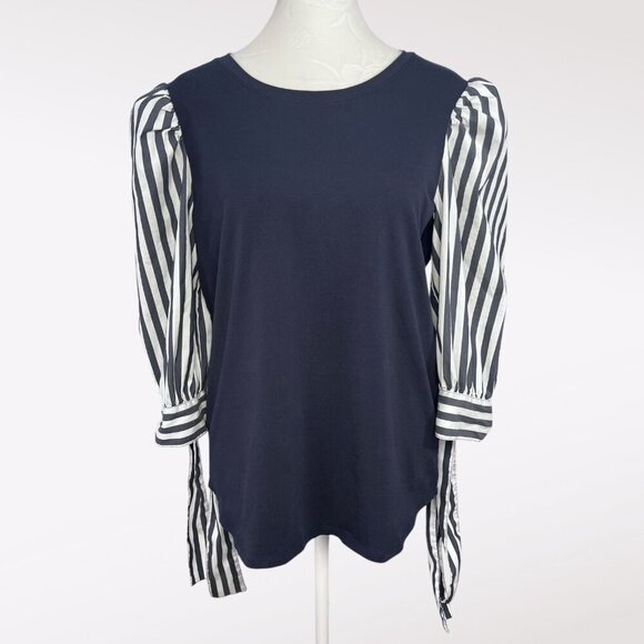 Chico’s Striped Puff Sleeve Tie Cuff Blouse Navy Top Size Medium - Picture 1 of 8